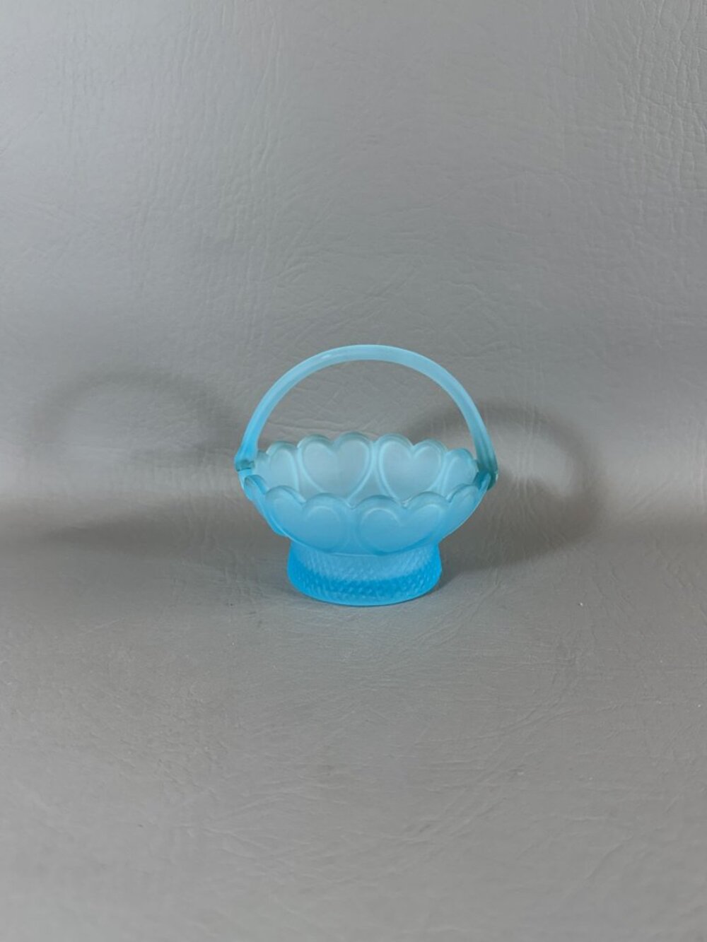 Vintage Frosted Blue Satin Glass Mini Basket Embossed Hearts Candy Dish Trinket - Picture 2 of 12
